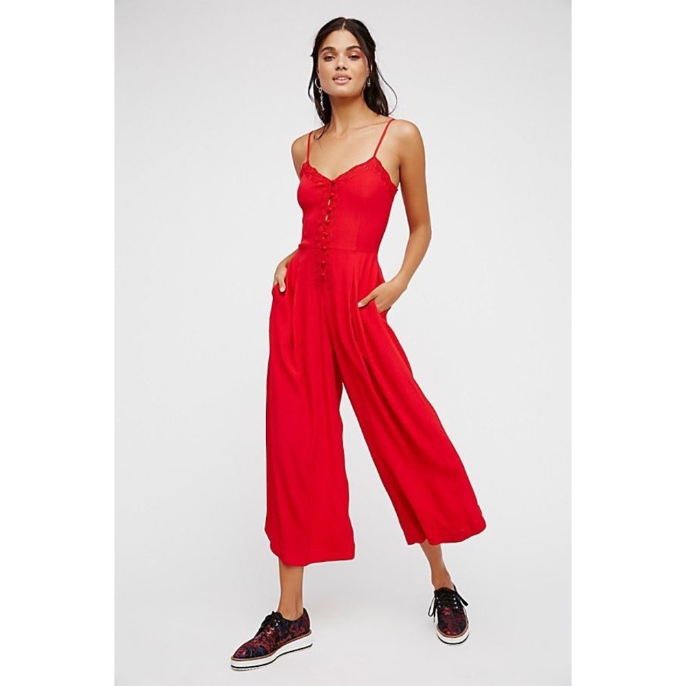NEW FREE PEOPLE POPPY RED EILEEN ROMPER‎ ONE PIECE WIDE LEG JUMPSUIT SZ 2 NWOT